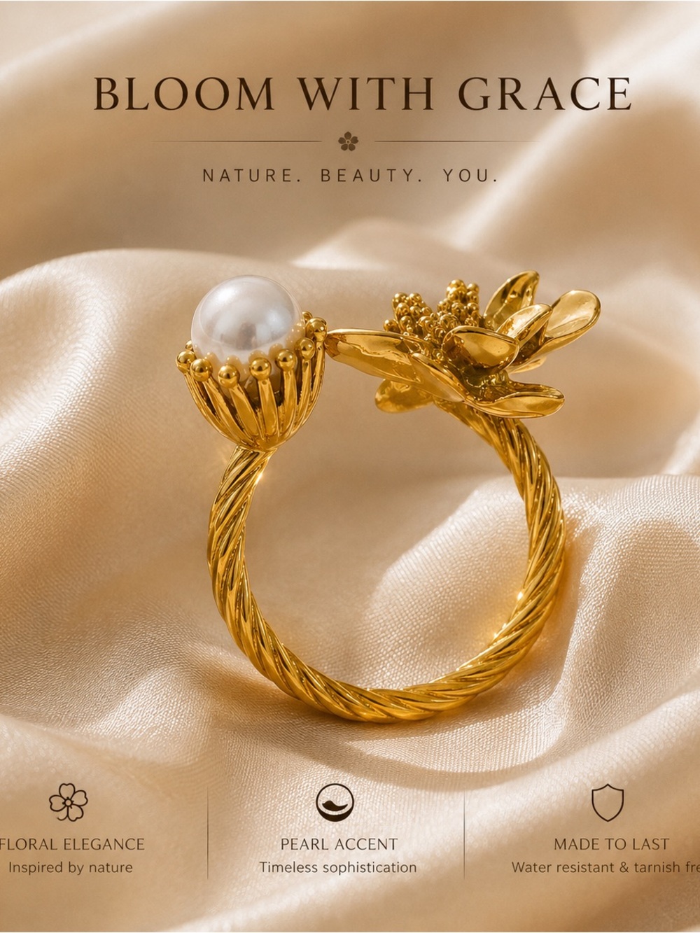 Gold plated Floral Pearl Open Ring - Picture 6 of 7